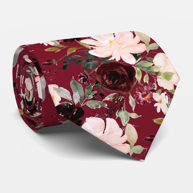 Gravata PixDezines Blush Burgundy Navy H2 Botânico (Rolled)