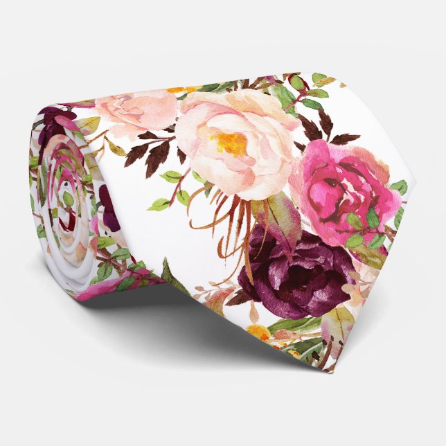 Gravata PixDezines Boho Rosa Bege Burgundy Flores Aquarela (Rolled)