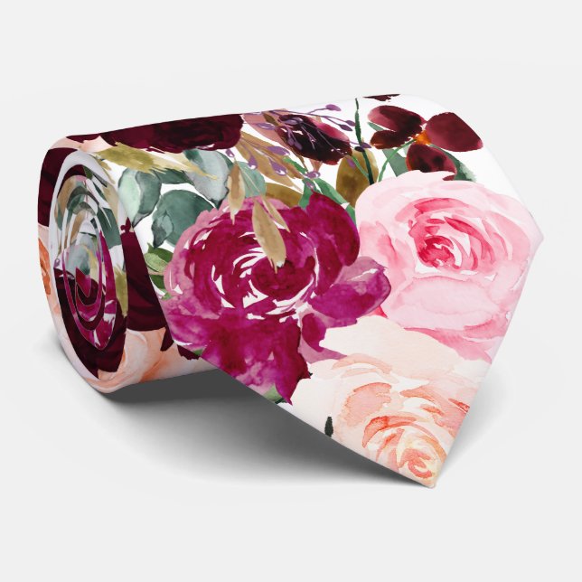 Gravata PixDezines Boho Rosa Bege Burgundy Flores Aquarela (Rolled)