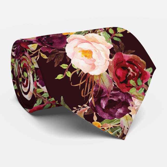 Gravata PixDezines Boho Rosa Borgonha Flores Aquarela (Rolled)