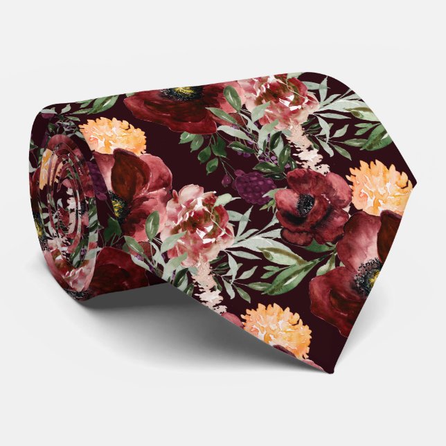 Gravata PixDezines Boho Rosa Escarlate Flores Aquarela  (Rolled)