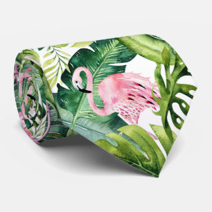 Gravata PixDezines Flamingo Rosa + Folhagem Tropical
