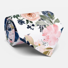 Gravata PixDezines Flores Aquarela Azul Marinho Rosa