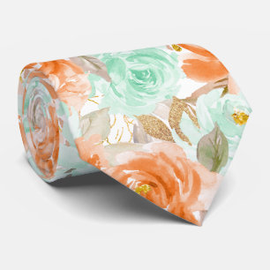 Gravata PixDezines H2 Coral Laranja Rosas Verdes  