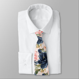Gravata PixDezines H2 Flores Azul Marinho Rosas Bege