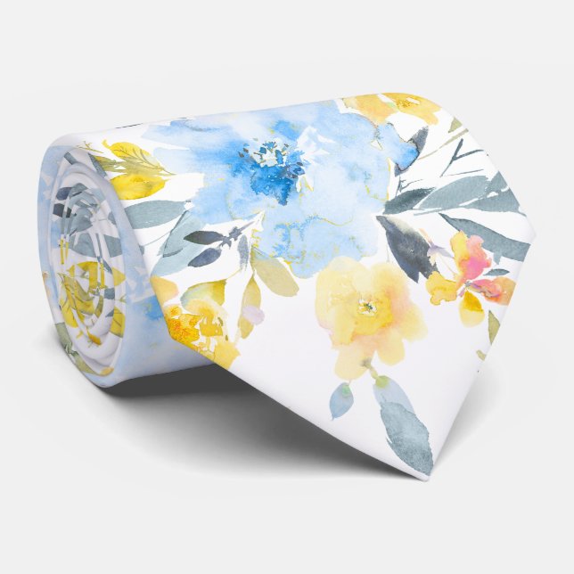 Gravata PixDezines H2 Flores da Primavera Amarelo Azul Ros (Rolled)