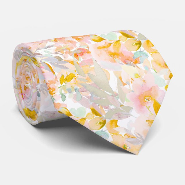 Gravata PixDezines H2 Flores da Primavera Bege Mostarda (Rolled)