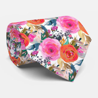 Gravata PixDezines H2 Flores de Verão Rosa Quente Laranja