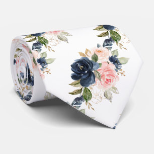 Gravata PixDezines H2 Flores Rosas Azul Marinho Bege
