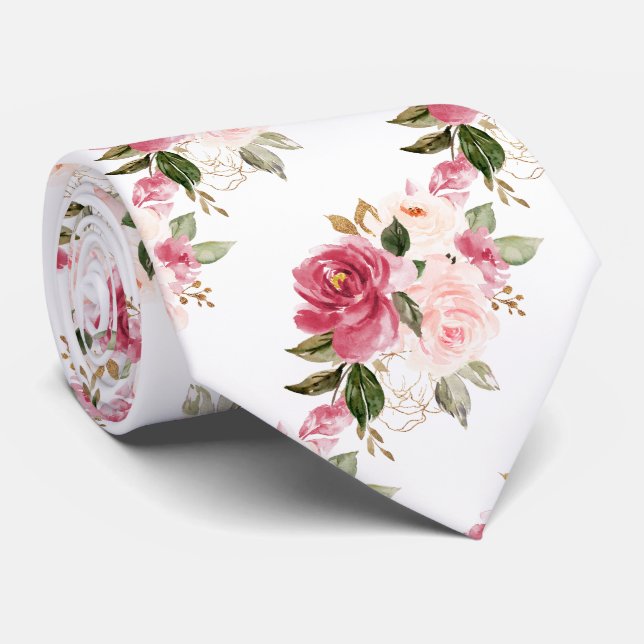 Gravata PixDezines H2 Flores Rosas Rosa Bege Raspberry (Rolled)