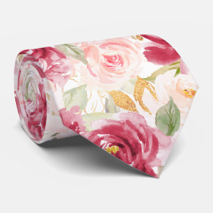 Gravata PixDezines H2 Flores Rosas Rosa Bege Raspberry