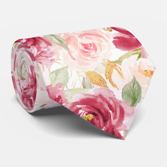Gravata PixDezines H2 Flores Rosas Rosa Bege Raspberry (Rolled)