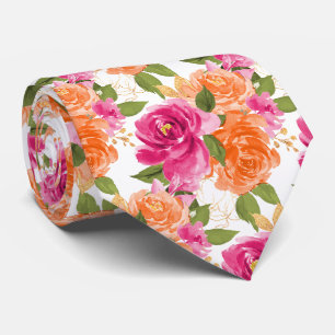 Gravata PixDezines H2 Flores Rosas Rosa Laranja Quente