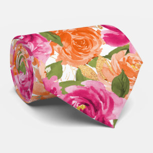 Gravata PixDezines H2 Flores Rosas Rosa Laranja Quente