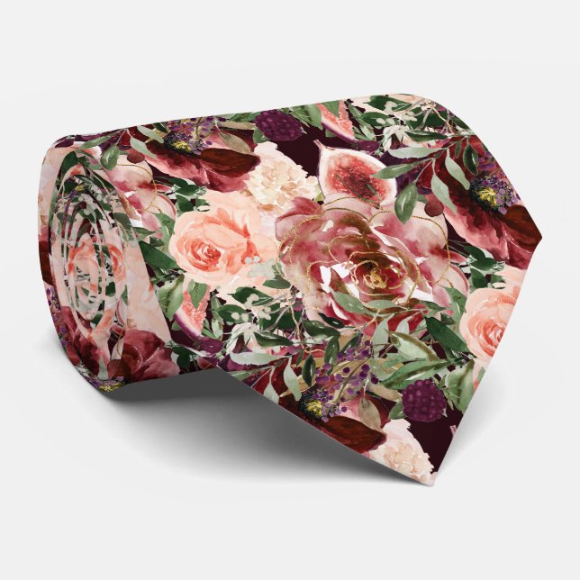 Gravata PixDezines H2 Marsala Boho Blush Flores Bordeaux  (Rolled)
