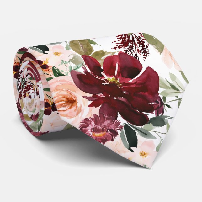 Gravata PixDezines H2 Rosa Bege Flores Bordeaux (Rolled)