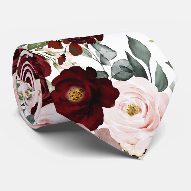 Gravata PixDezines H2 Rosa Empoeirada Blush Flores Bordeau (Rolled)