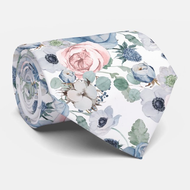 Gravata PixDezines Peônias Rosa Azul Poeirento Aquarela (Rolled)