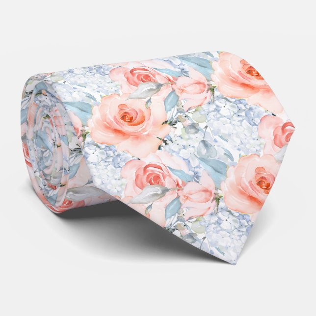 Gravata PixDezines Rosas Coradas Hidrangeas Azul Gelo  (Rolled)