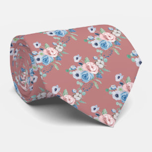 Gravata PixDezines Rosas Peonias Aquarela Azul Desbotado n