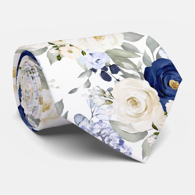 Gravata PixDezines Watercolor Roses Navy Blue Cream (Rolled)