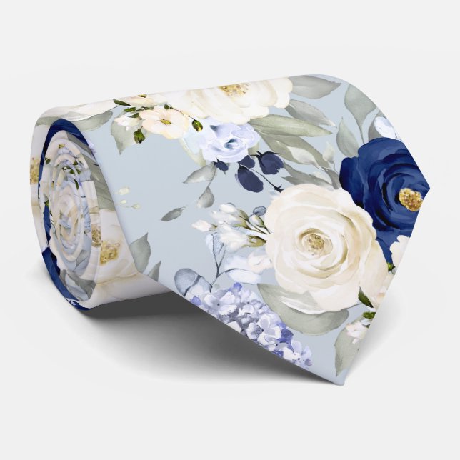 Gravata PixDezines Watercolor Roses Navy Blue Cream (Rolled)