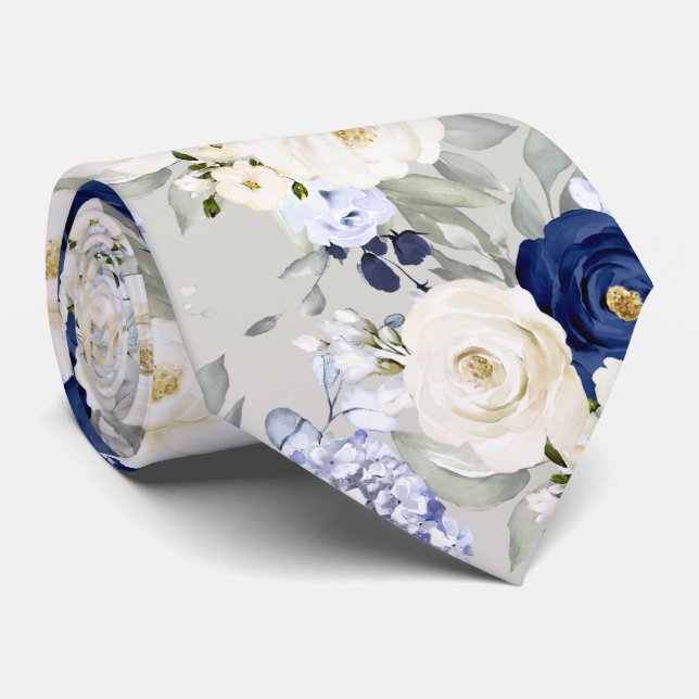Gravata PixDezines Watercolor Roses Navy Blue Cream (Rolled)