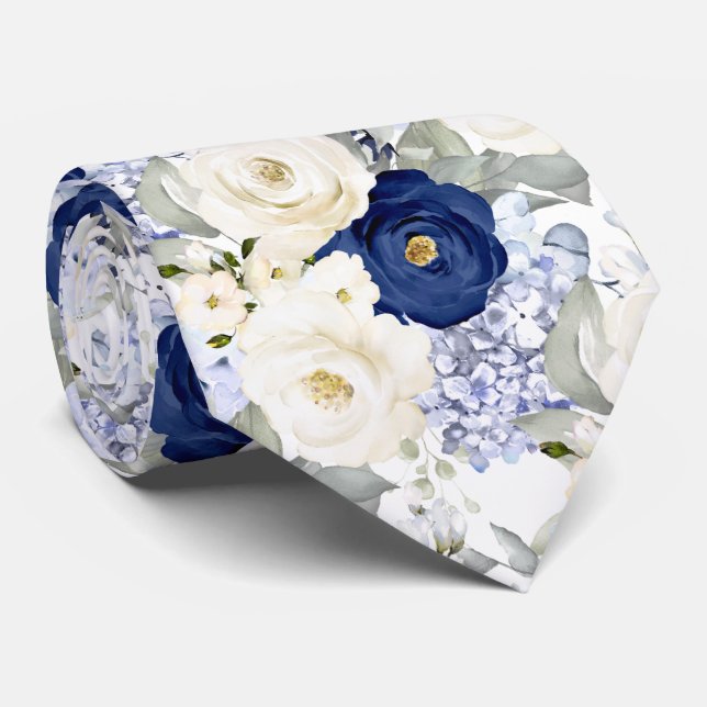 Gravata PixDezines Watercolor Roses Navy Blue Cream (Rolled)