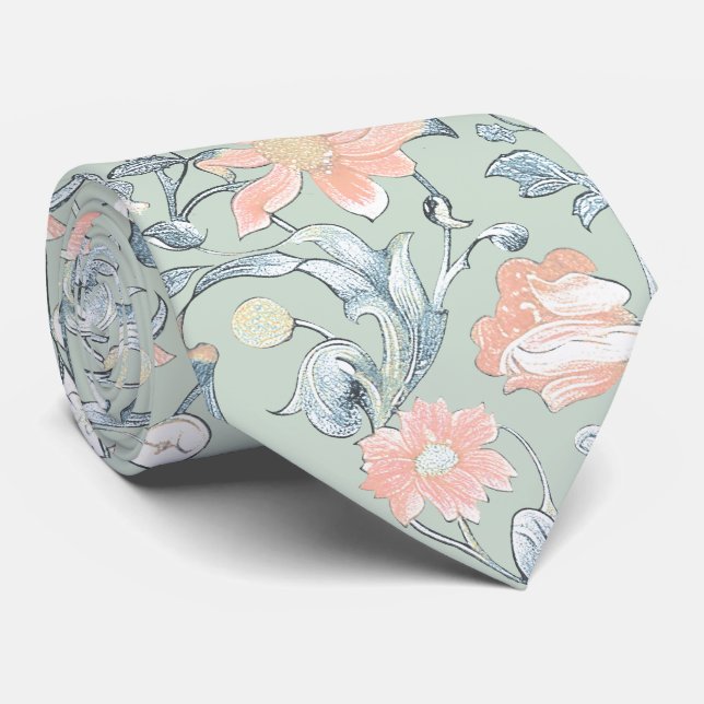 Gravata PixDezines William Morris Azul Desbotado e Rosa Co (Rolled)