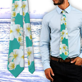 Gravata Plumeria Lagoon Blue-Green Hawaiian Flowers Tie
