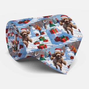 Gravata Poodle Correndo na Neve com Chapéu de Natal