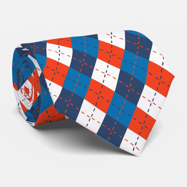 Gravata Preppy Azul Céu Azul Marinho Laranja Branco Argyle (Rolled)