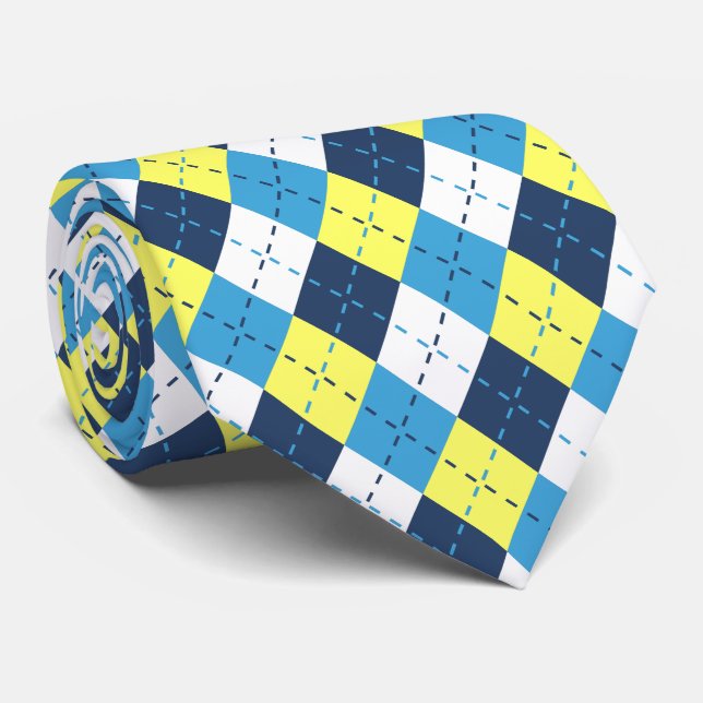 Gravata Preppy Blue Raspberry Lemon Amarelo Argyle  (Rolled)