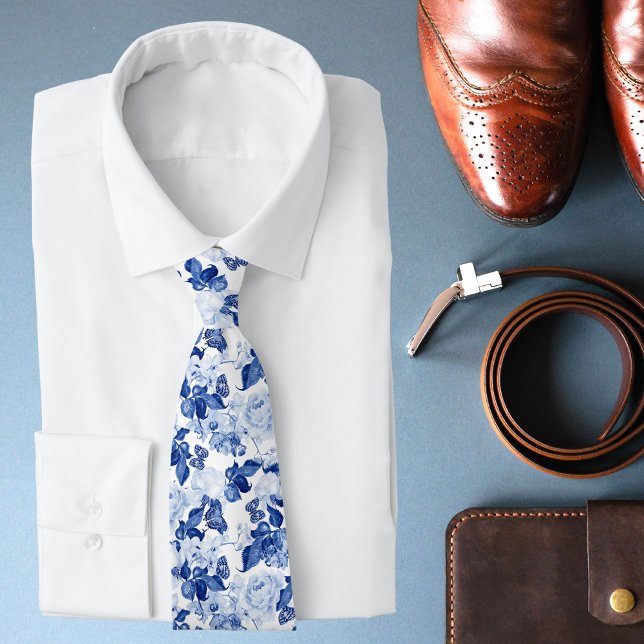 Gravata Presente de casamento floral botânico azul branco  (Criador carregado)