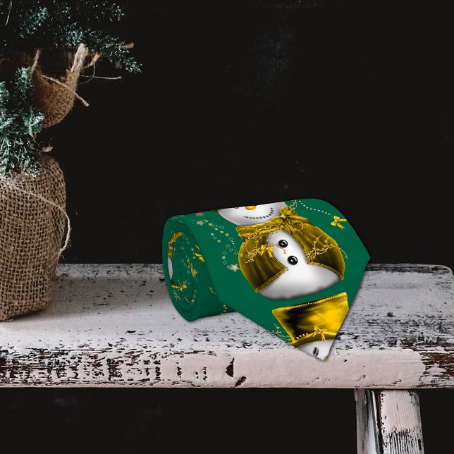 Gravata Presépio de Veludo Dourado de Natal  (Golden Velvet Snowman Christmas Tie by the Olde Christmas Shoppe)