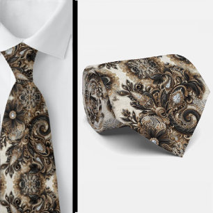 Gravata Preto Branco Dourado com Renda Paisley e D