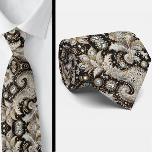 Gravata Preto Branco Dourado com Renda Paisley e D
