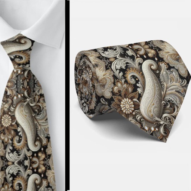 Gravata Preto Branco Dourado com Renda Paisley e D (Criador carregado)