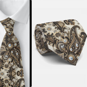 Gravata Preto Branco Dourado com Renda Paisley e D