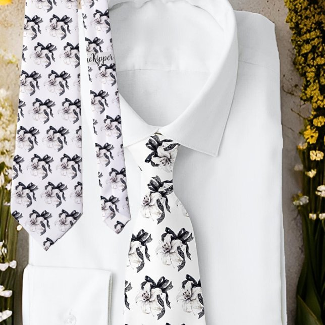 Gravata Preto Branco Floral Botânico Lily Lace Tie (Criador carregado)