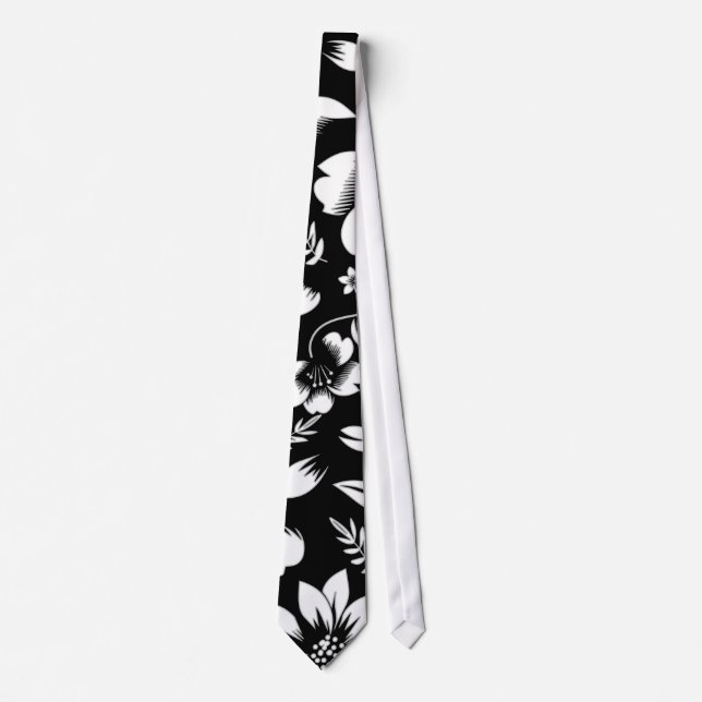 Gravata Preto Branco Folhas Florais Modernas Soprando (Frente)