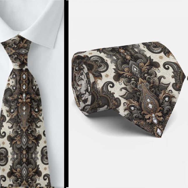 Gravata Preto Branco Ouro Lace Paisley Diamante (Criador carregado)
