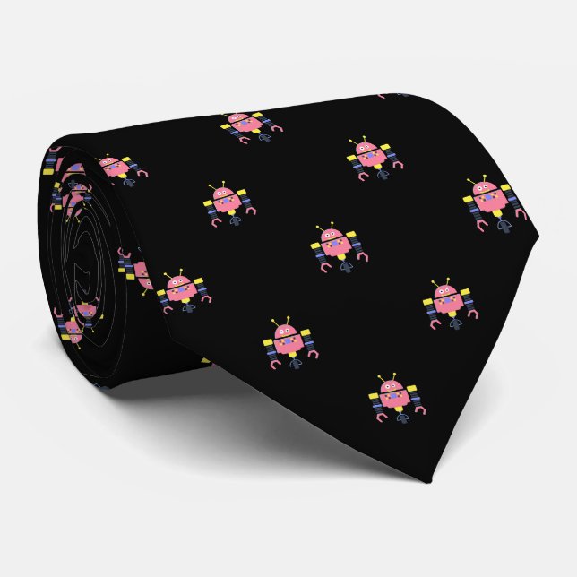 Gravata Preto com Estampa de Robôs Rosa (Rolled)