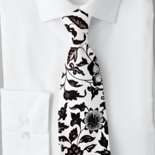 Gravata Preto e Branco Floral e Folha Botânica