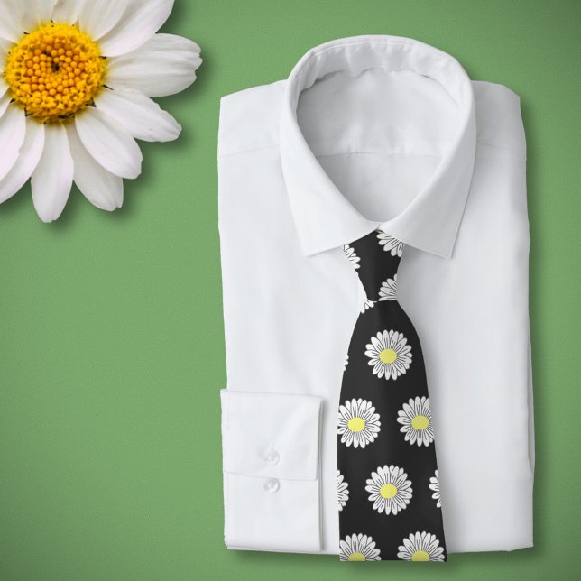 Gravata Preto-Flor Pastel Daisy Botânico (Daisy Flower Black Neck Tie)