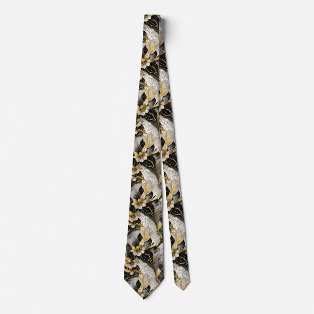 Gravata Preto Floral Japonês Dourado (Frente)