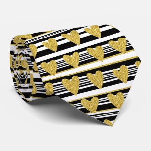 Gravata Preto Listra Dourado Coração Glam Padrão (2)