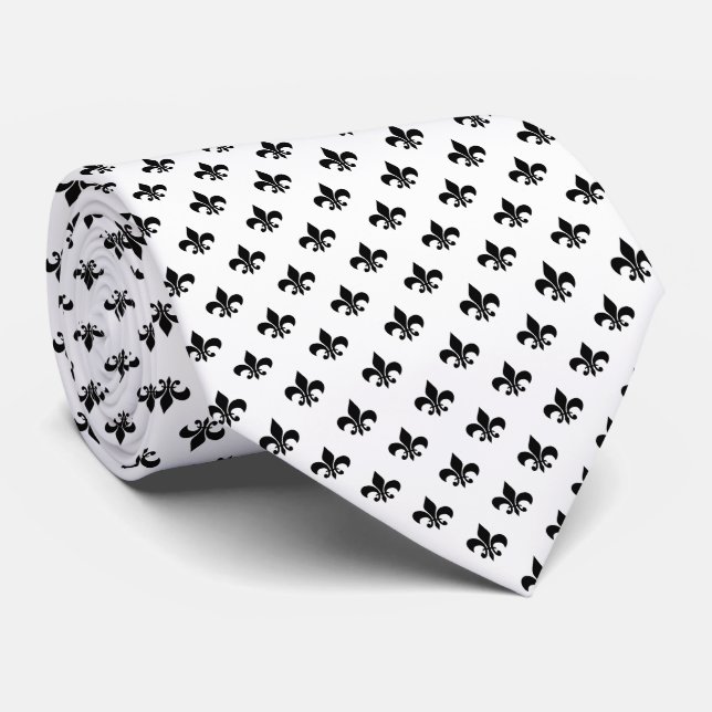 Gravata Preto Moderno Fleur-de-lis em Branco (Rolled)