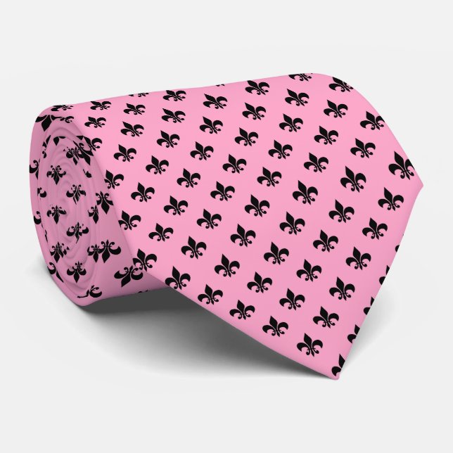 Gravata Preto Moderno Fleur-de-lis em Rosa Carnation (Rolled)