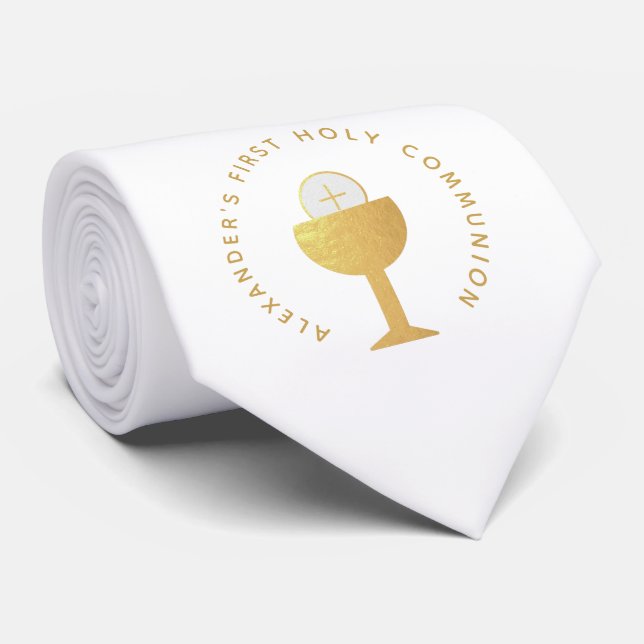 Gravata Primeira Comunhão White Faux Dourado Chalice Eucha (Rolled)